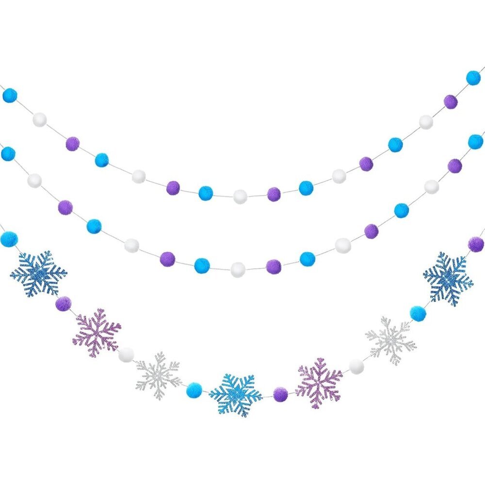 3 Pieces Winter Felt Ball Banner Snowflake Garland Glittery Banner Wonderland Th